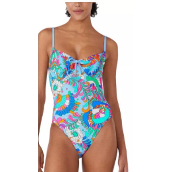Kate Spade M Blue Floral One Piece Swimsuit Underwire Retro Preppy Coastal Beach - Picture 1 of 5